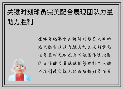 关键时刻球员完美配合展现团队力量助力胜利