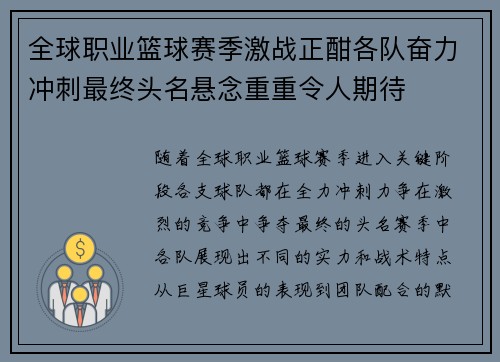 全球职业篮球赛季激战正酣各队奋力冲刺最终头名悬念重重令人期待